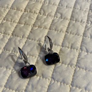 Silver-tone Heart Drop Earrings with Deep Purple Crystal